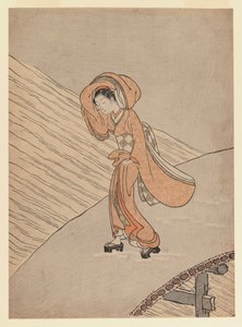 Jeune fille traversant un pont après la neige : année calendaire de la deuxième année de Meiwa, 1765 - Suzuki Harunobu